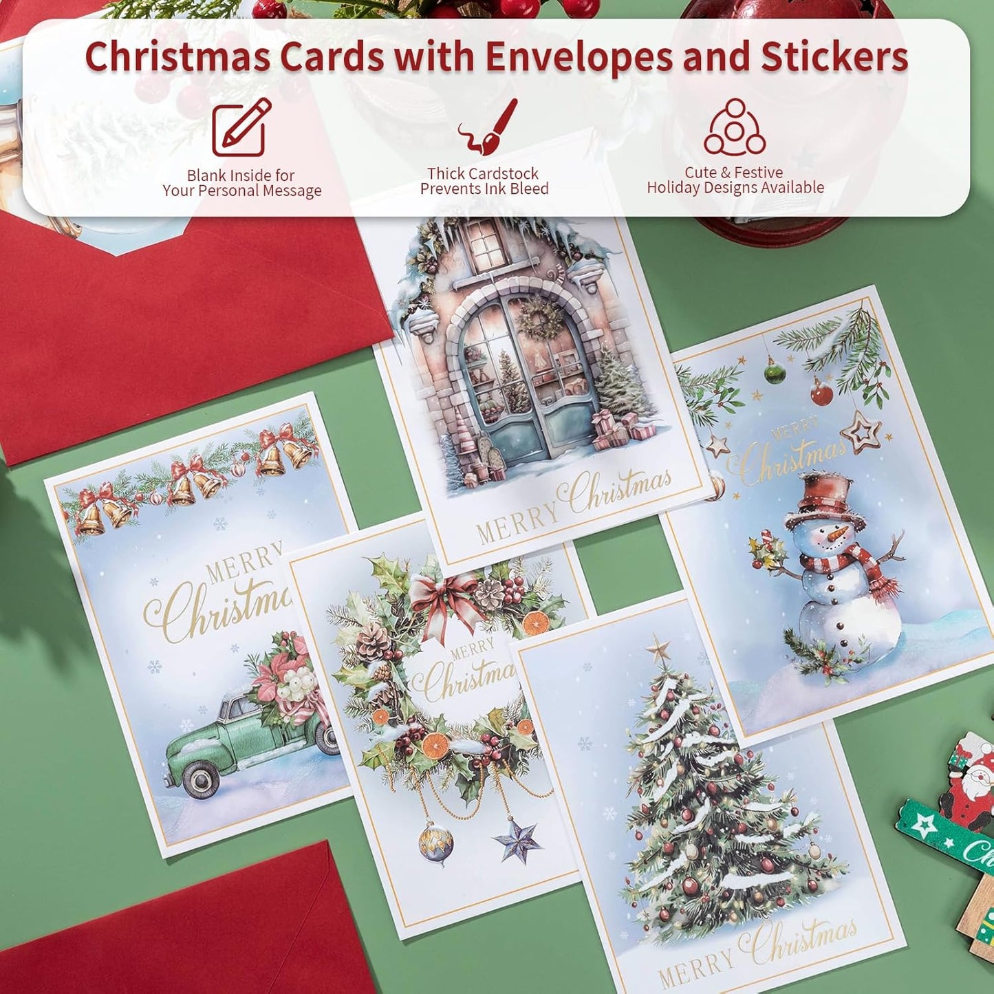 24 Pack Christmas Cards with Envelopes & Stickers, 5 x 7 Inch Holiday Cards Assorted Christmas Card in 6 Designs for Friends Family Coworkers (Watercolor Style)