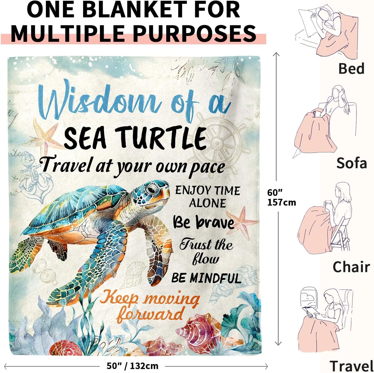 Positive Sea Turtle Gifts for Women Men, Flannel Soft Blanket Decor, Christmas Sea Turtle Gifts for Turtles Lovers, Inspirational Healing Gift for Friend Meditator Graduate - 50x60 inches