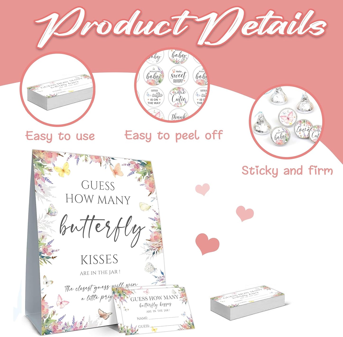 How Many Butterfly Kisses Baby Shower Game Set - Standing Sign, 50 Guessing Cards, 180 Stickers for Kid Showers