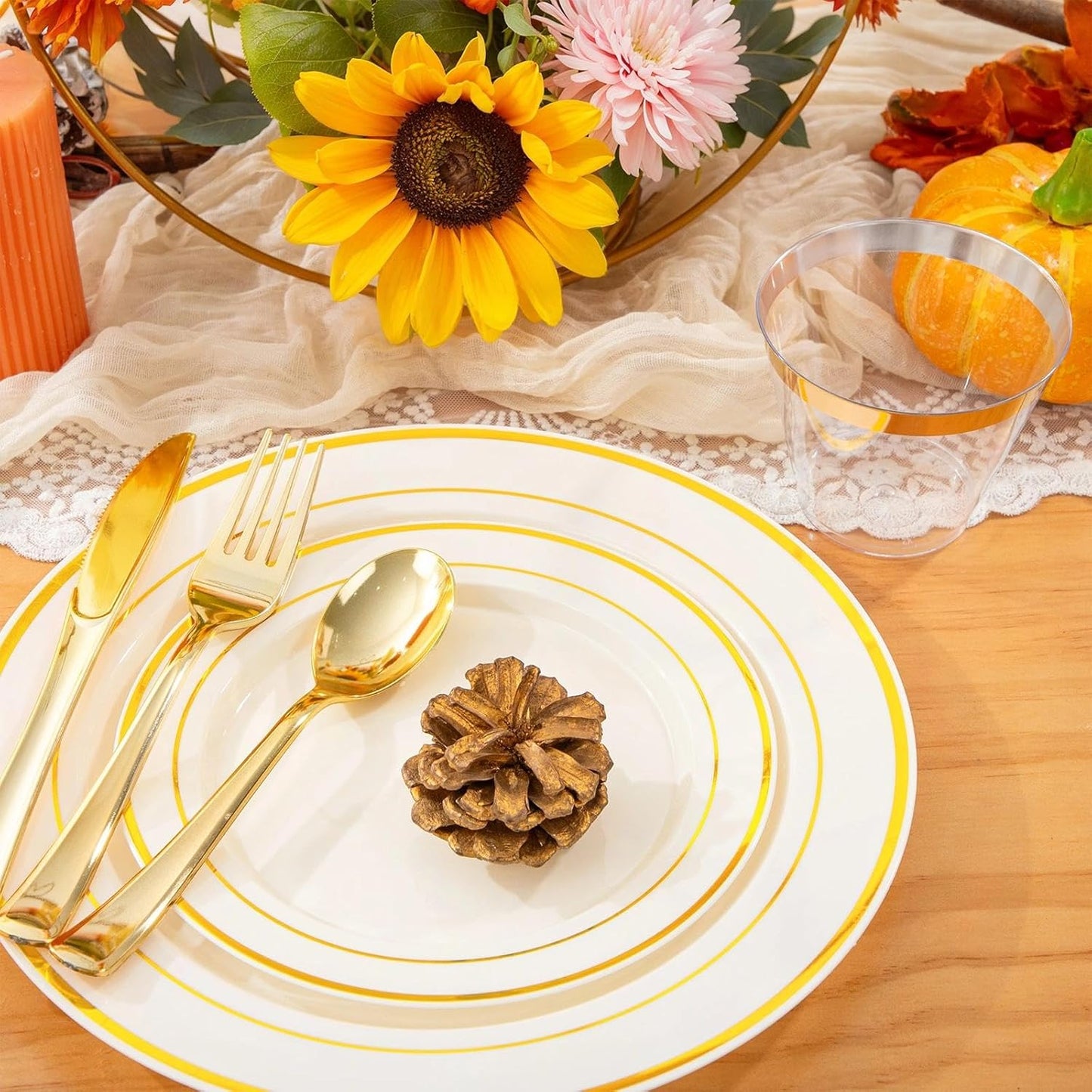 WELLIFE 210PCS Ivory Plastic Plates for 30 Guests - Include 30 Dinner Plates, 30 Dessert Plates, 30 Clear Cups and 30 Pre Rolled Napkins with Gold Silverware,Disposable Plates for Party and Wedding