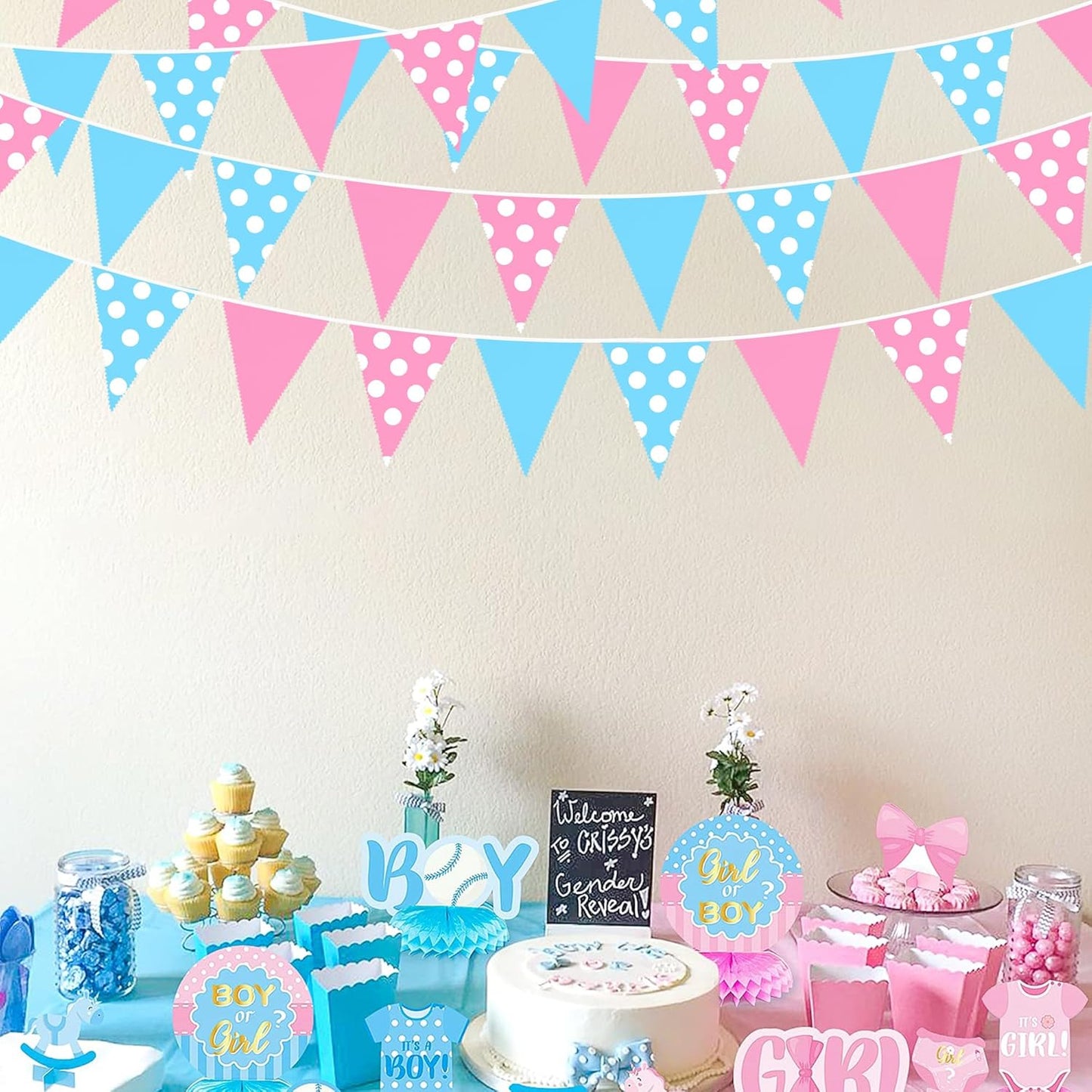 Pinkblume 32Ft Gender Reveal Party Decorations Pink and Blue Circle Dot Pennant Triangle Banner Party Flag Bunting Streamer Garland