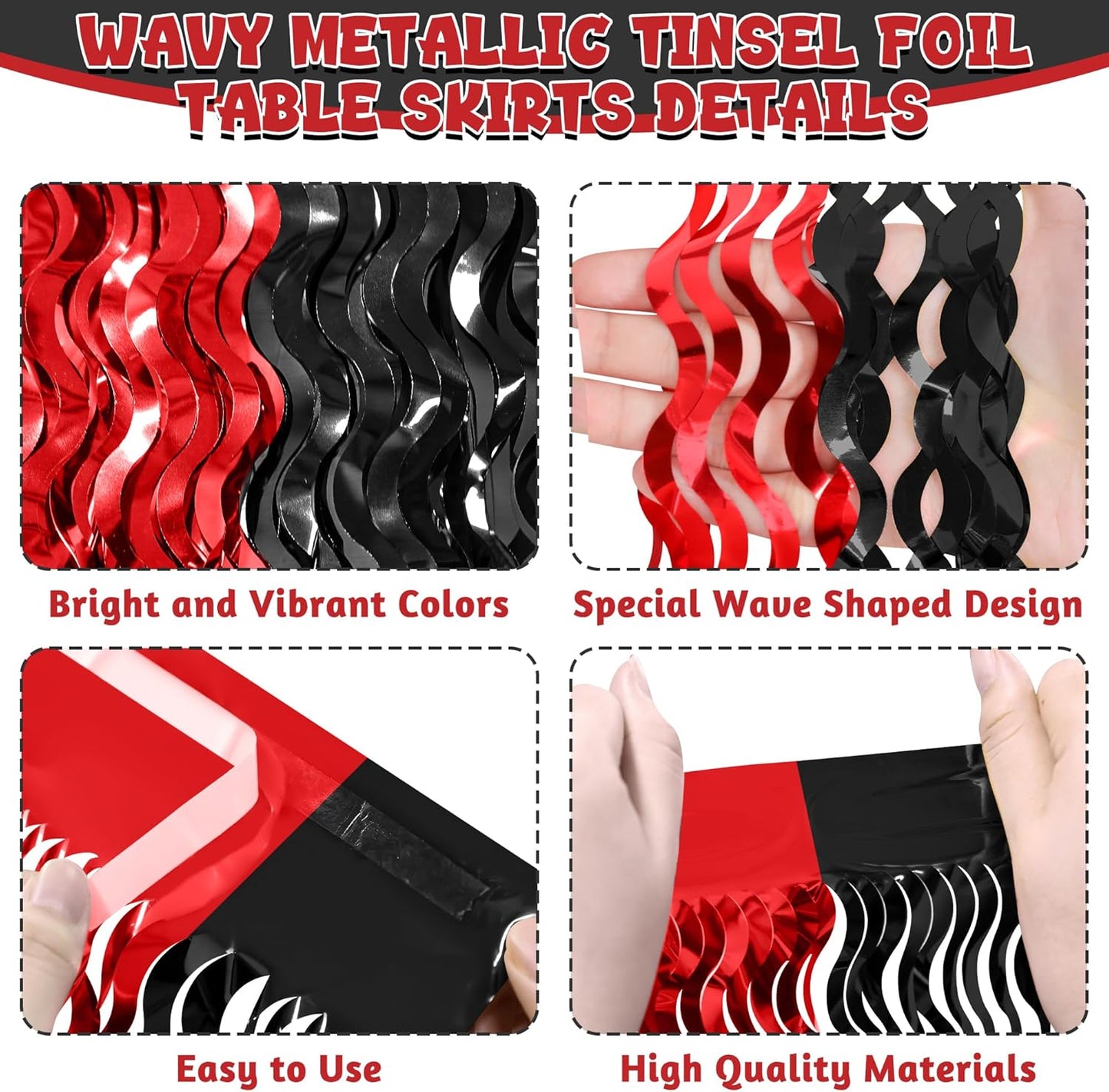 2 Pack Desk Skirt, Black Red Desk Grass Skirt for Table, Halloween Metallic Wavy Tinsel Foil Fringe Table Skirts, Foil Table Skirt for Halloween Graduations Birthday Indoor Party Decorations