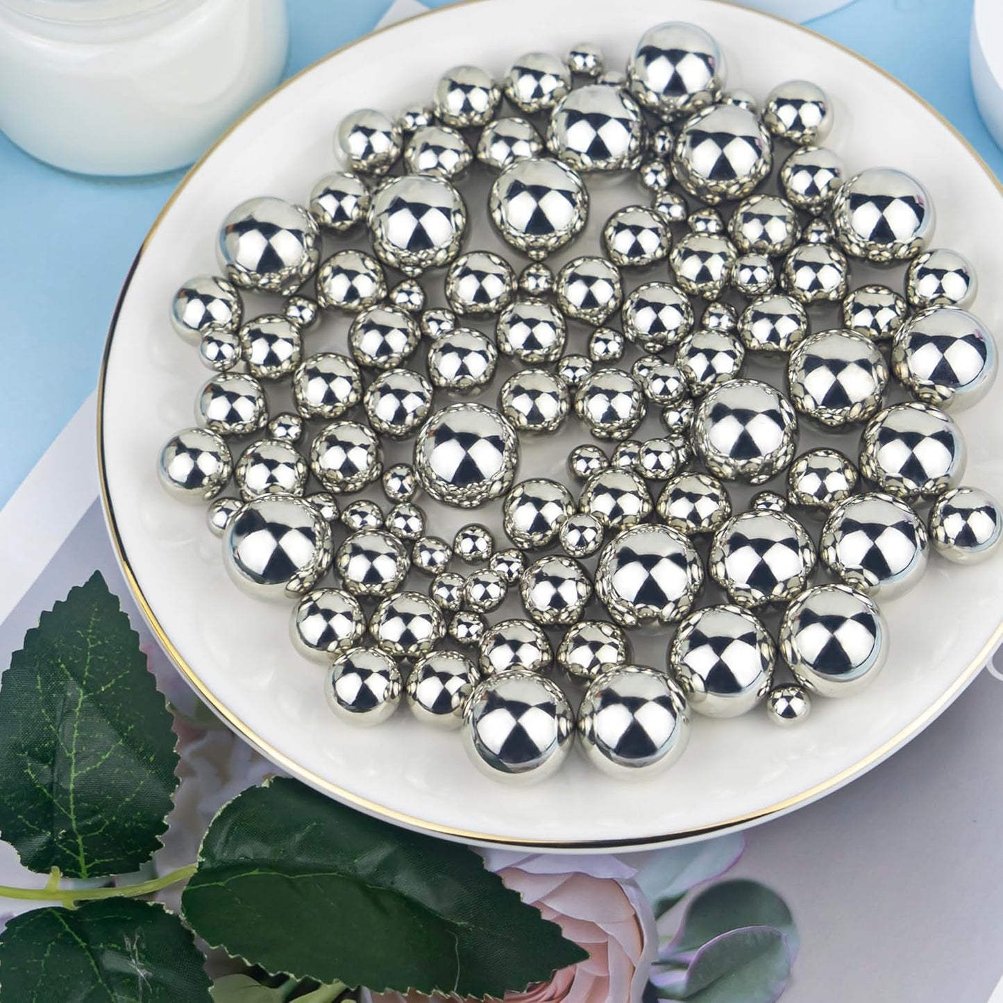 300Pcs Silver Polished No Hole Faux Pearl Beads for Vase Filling Decorations, Plastic Pearls Vase Fillers, Table Scatters, Wedding Centerpiece, Home Decor, 8/14/20 mm