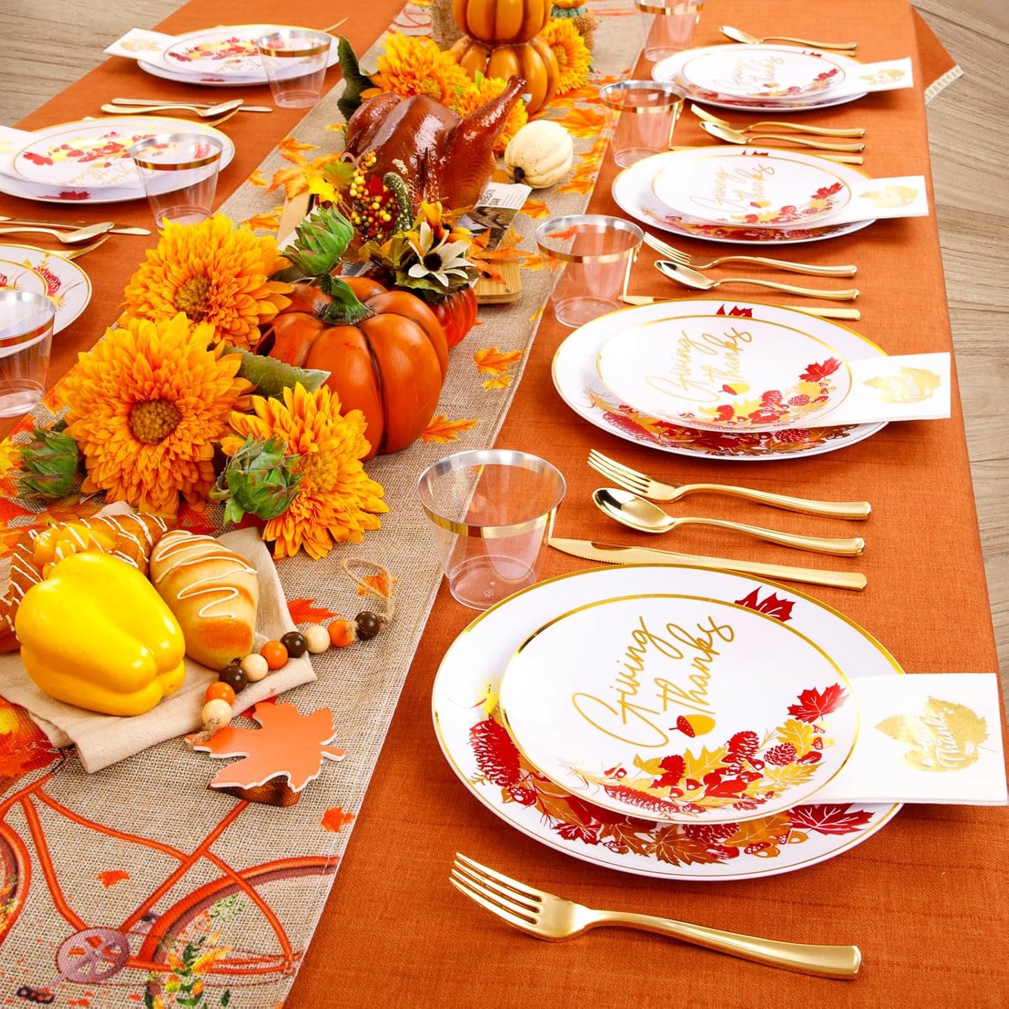 Hioasis 175pcs Thanksgiving Plastic Plates - White and Gold Disposable Plates include 25 Dinner Plates-25 Dessert Plates-25 Knives-25 Forks-25 Spoons-25 Cups-25 Napkins for Thanksgiving Party