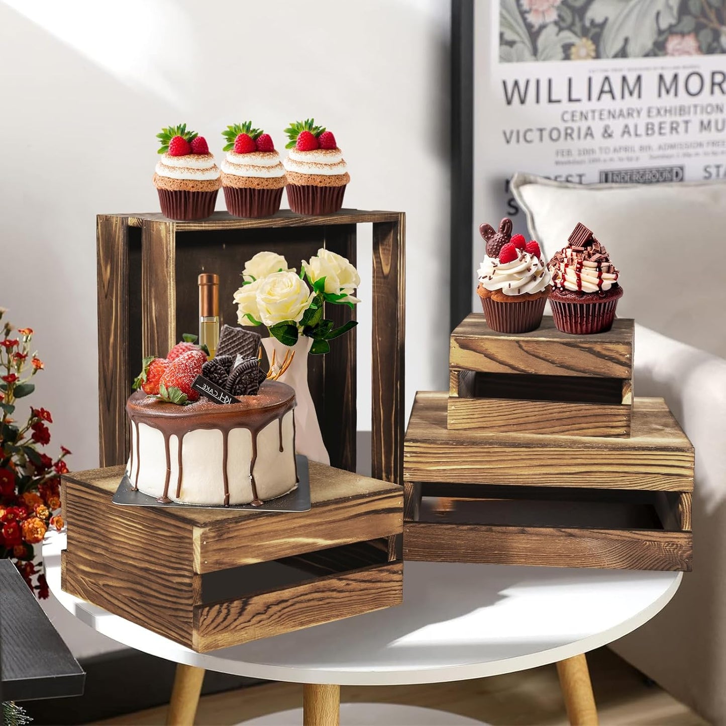 6 Pcs Buffet Risers with Mini Signs, Rustic Wood Cake Stands, Food Risers for Buffet Table, Dessert Display Stand, Wood Crates, Rustic Cake Stand for Party, Wedding, Birthday, Baby Shower, 3 Sizes