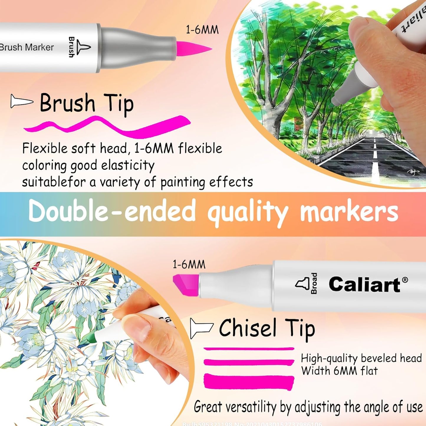 Caliart Alcohol Markers Brush Tip, 51 Colors Dual Tip Coloring Marker Pen Set Brush & Chisel, Art Supplies Kit Gift for Adults Coloring Book Artists Sketch Drawing Illustration