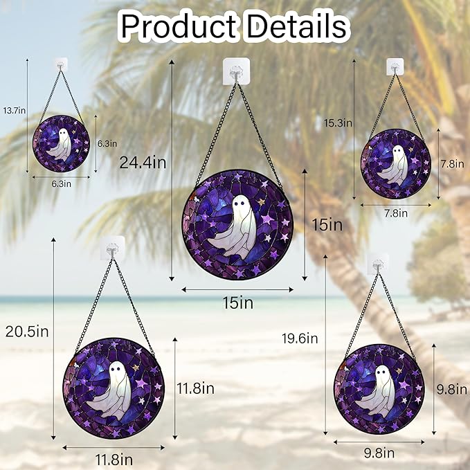 Stained Glass Window Hanging - Halloween Decoration Purple Star White Ghost Suncatcher for Doors Garden Indoor Spooky Sun Catchers Gothic Decor Horror Gifts for Women Men Friend 15 in