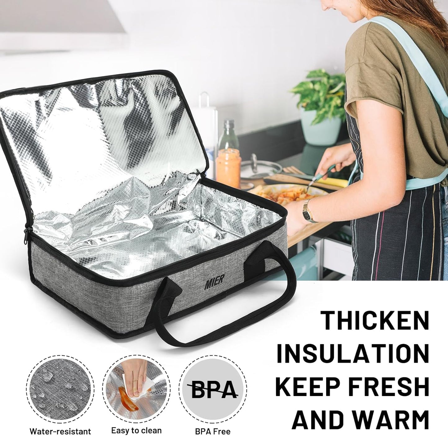MIER Insulated Casserole Carrier for Hot or Cold Food Thermal Food Carrier Bag for Lasagna Potluck Parties Picnic Cookouts, Fits 9"x13" Baking Dish/Foil Pan, Gray
