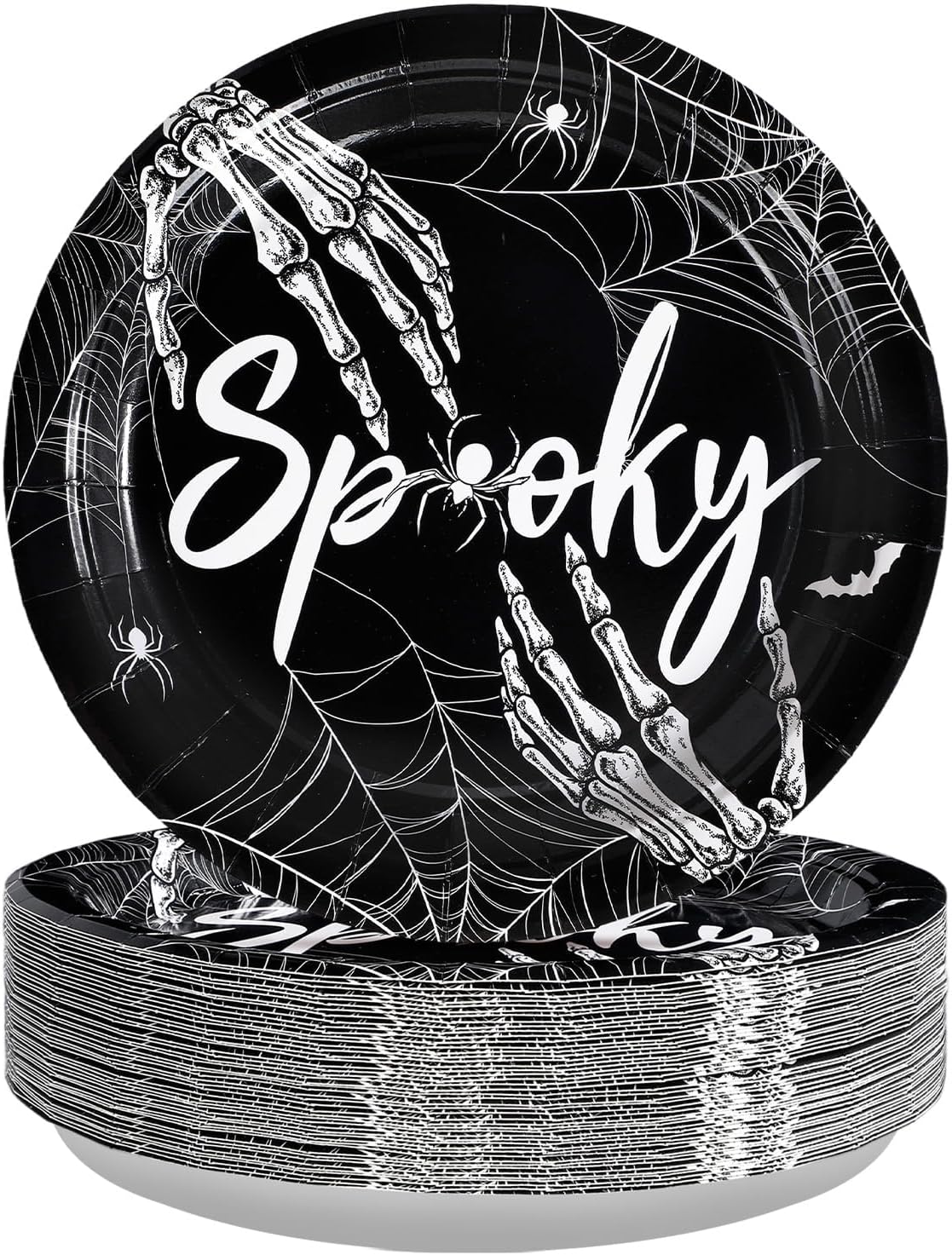 Grencian 50Pcs Halloween Spider Webs Plates 9” Disposable Heavy Duty Spooky Skeleton Hands Paper Plates For Halloween Flags Garden Party Decorations Supplies