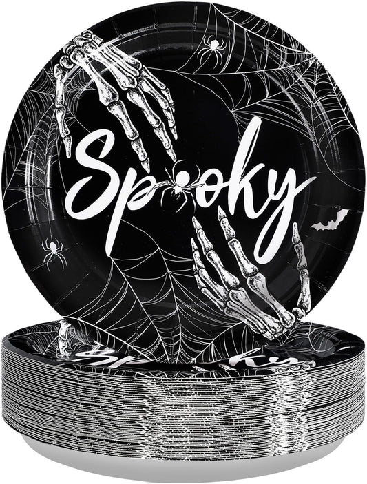 Grencian 50Pcs Halloween Spider Webs Plates 9” Disposable Heavy Duty Spooky Skeleton Hands Paper Plates For Halloween Flags Garden Party Decorations Supplies