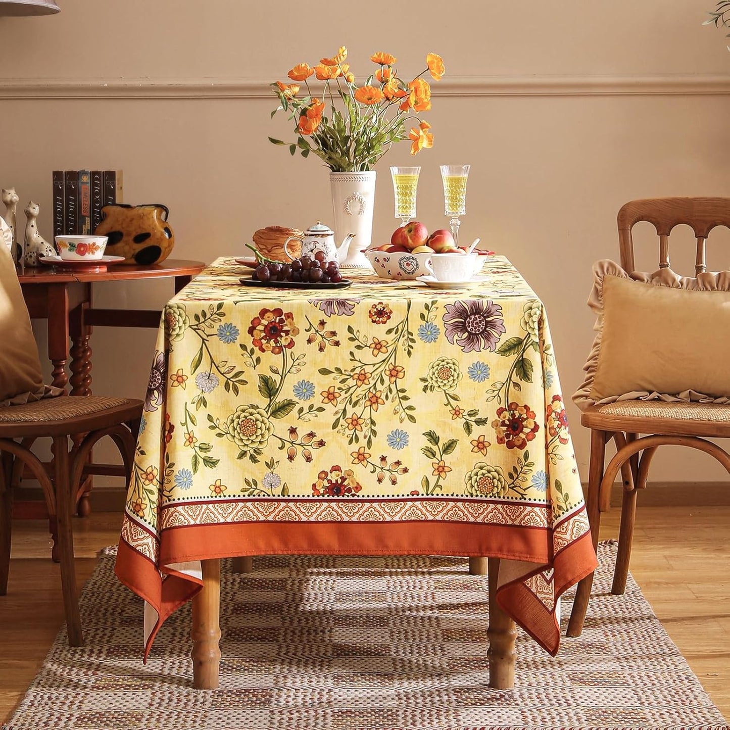 Vintage Linen Small Tablecloth for Rectangle Table,Yellow Floral French Wrinkle Free Tablecloths,Decorative Table Cover for Kitchen,Dining,Thanksgiving,Christmas,55"*71"-Bellano
