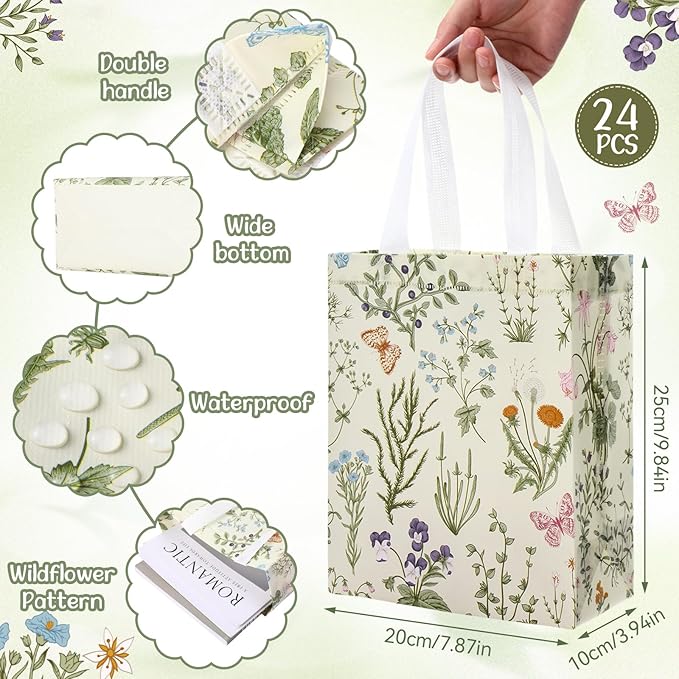 Supervitae 24 Pack Wildflower Theme Gift Bags Medium Goodie Floral Party Favor Bags Vintage Reusable Totes Non Woven Totes for Wedding Birthday Baby Shower Family Holiday Travel(9.8" x 7.9" x 3.9")