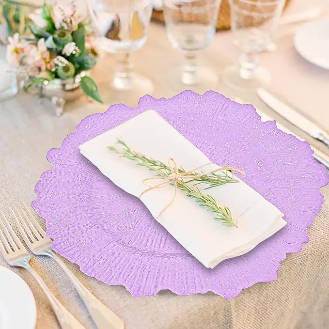 50 Pcs Lavender Charger Plates Bulk 13 Inch Plastic Charger Plates for Dinner Plate, Lavender Chargers for Table Setting, Reef Design Plate Floral Decorative Round Chargers for Wedding Party, Event