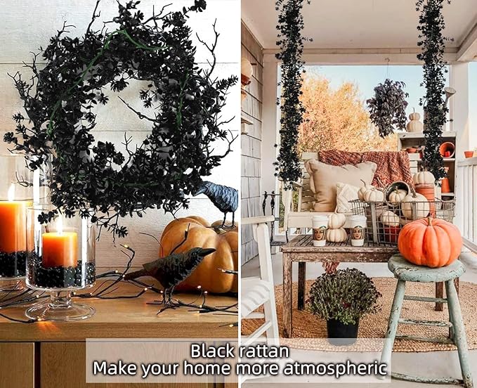 Black Artificial Flowers Black Eucalyptus Garlands Spring Garland Greenery Vines with Flowers Fake Floral Greenery for Halloween Party Decor Home Backdrop Wall Fall Decor