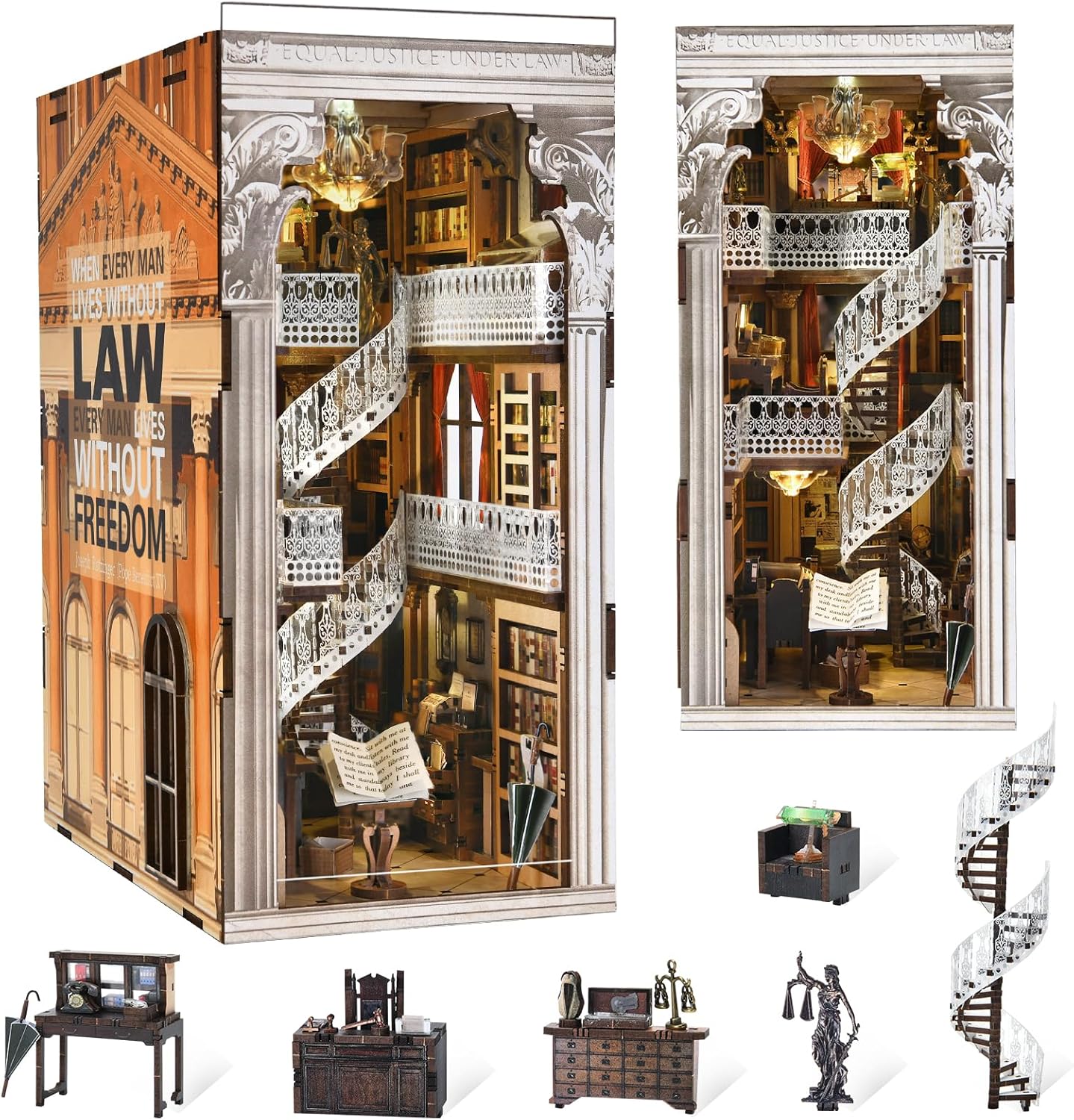 DIY Book Nook Kit for Adults, 3D Wooden Puzzle Bookend Bookshelf Insert Decor with LED Light and Dust Cover (Law Library)