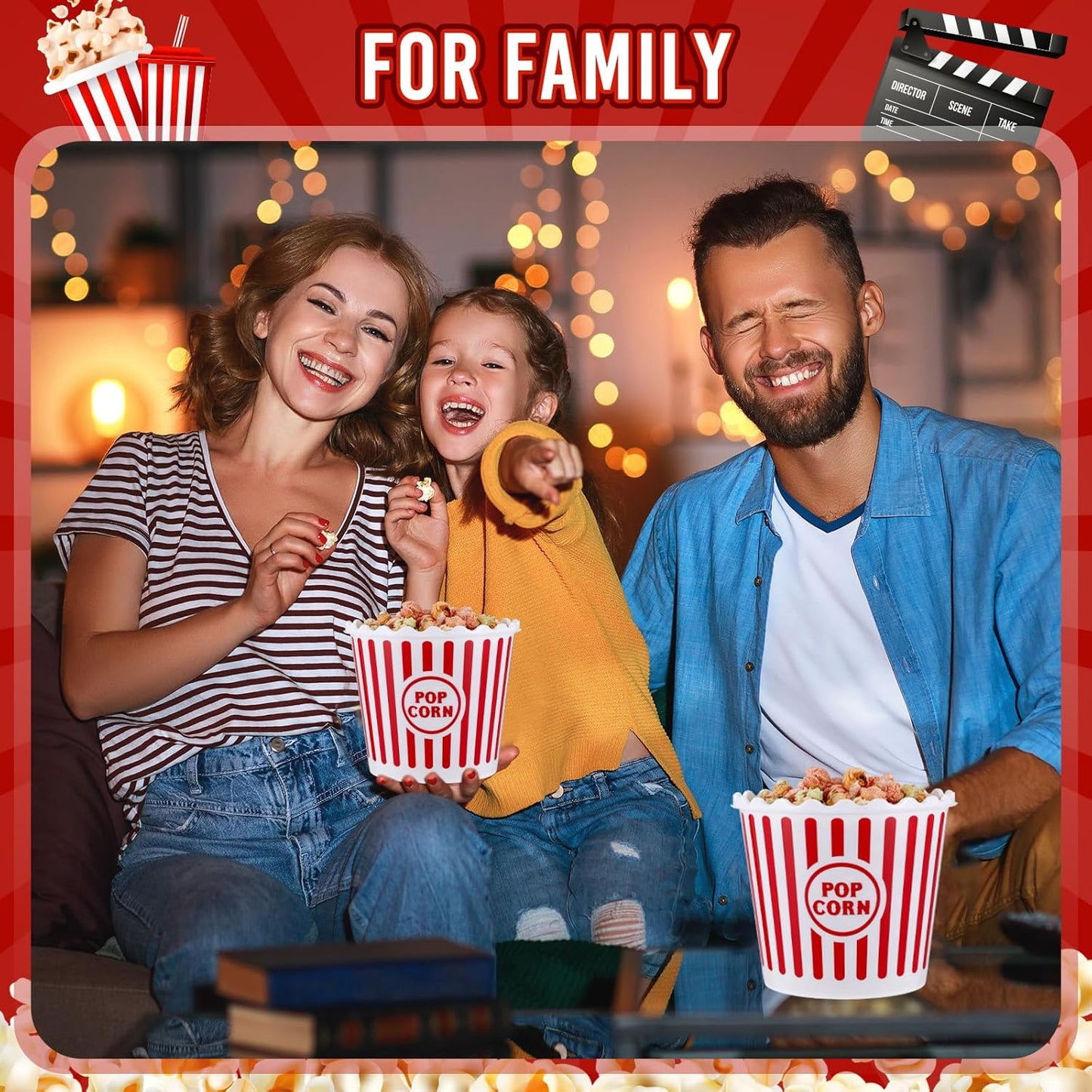 Roshtia 6 Pieces Plastic Popcorn Containers Reusable Buckets 75 oz Popcorn Boxes Bowl with Scoop Retro Style Red Plastic Scoop Set for Movie Theater Night(Stripe)