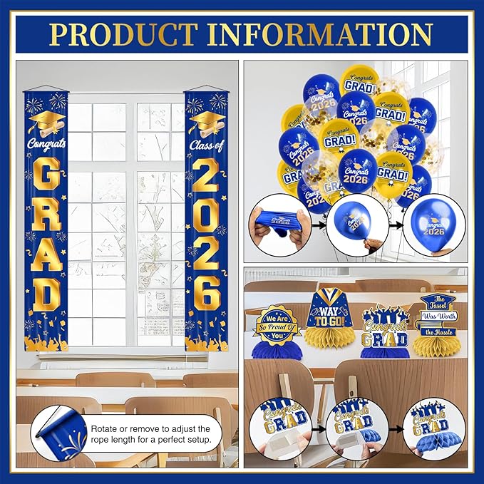 Graduation Decorations Class of 2026 Blue and Gold Graduation Party Decor Set include Congrats Grad Banner Backdrop Class of 2026 Balloons Party Supplies