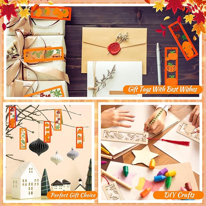 Yexiya 100 Pcs/50 Set Thanksgiving DIY Wooden Bookmarks Bulk for Book Lovers, Fall Bookmarks Decorations, Maple Leaf Pumpkin Book Markers for Women Men, Autumn Birthday Holiday Gift Art Project