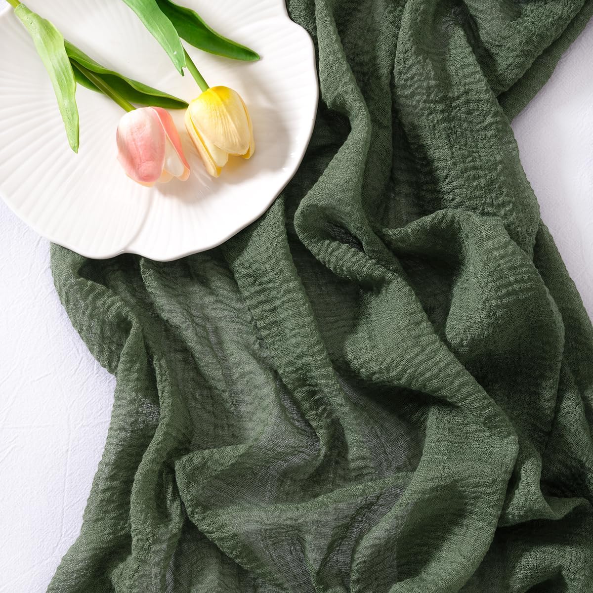 Socomi Green Cheesecloth Table Runner Olive Fall Thanksgiving Gauze 120 Inch Rustic Boho Cheese Cloth Runner for Wedding Party Baby Bridal Shower Centerpiece Decoration Holiday Home Decorations
