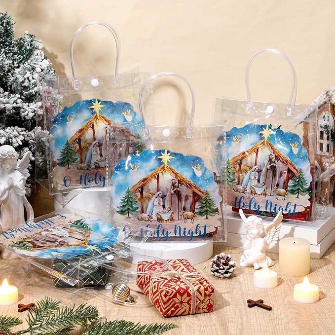 Aliceset 20 Pcs Christmas Nativity Gift Bags with Handles Clear Christian Christmas Goodie Bags Watercolor Holy Night Jesus Wrapping for Christian Holiday Decoration Religious Presents Wrapping