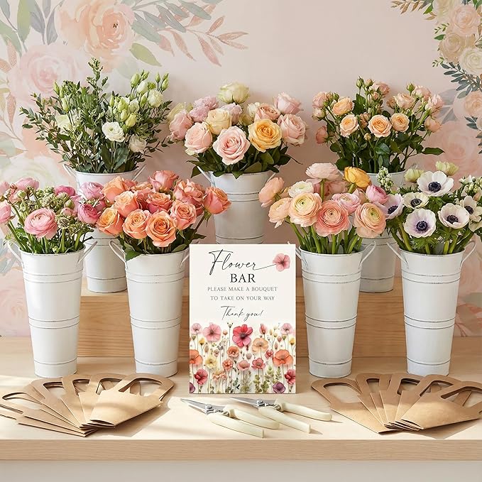 LEIFIDE 39 Pcs Flower Bar Buckets Set Kit Bloom Bar Supplies Include Wood Sign Gift Bags Iron Bucket Garden Flower Shears for Valentine Days Wedding Bridal Shower Table Centerpieces (White)