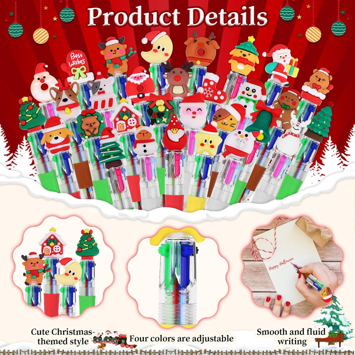 30Pcs Mini Multicolor Pens in One 4-in-1 Cute Pens Bulk for Kids, Ballpoint Pen for Birthdays and Children's Parties, Fun Gifts Assorted Ink Kawaii Pen(Christmas)