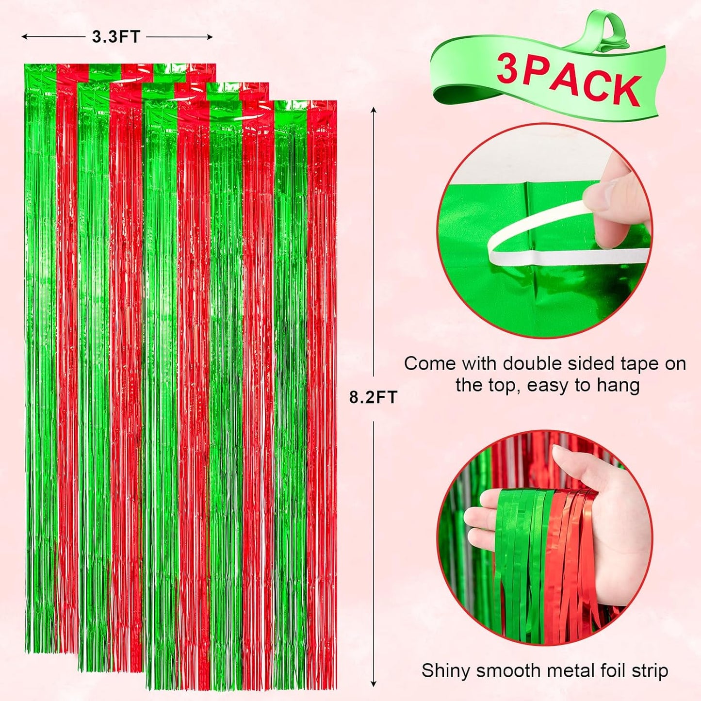 3 Pack 3.3x8.2 Feet Red and Green Foil Fringe Backdrop Curtains, Tinsel Streamers Birthday Party Decorations, Fringe Backdrop for Graduation, Baby Shower, Gender Reveal, Disco Party