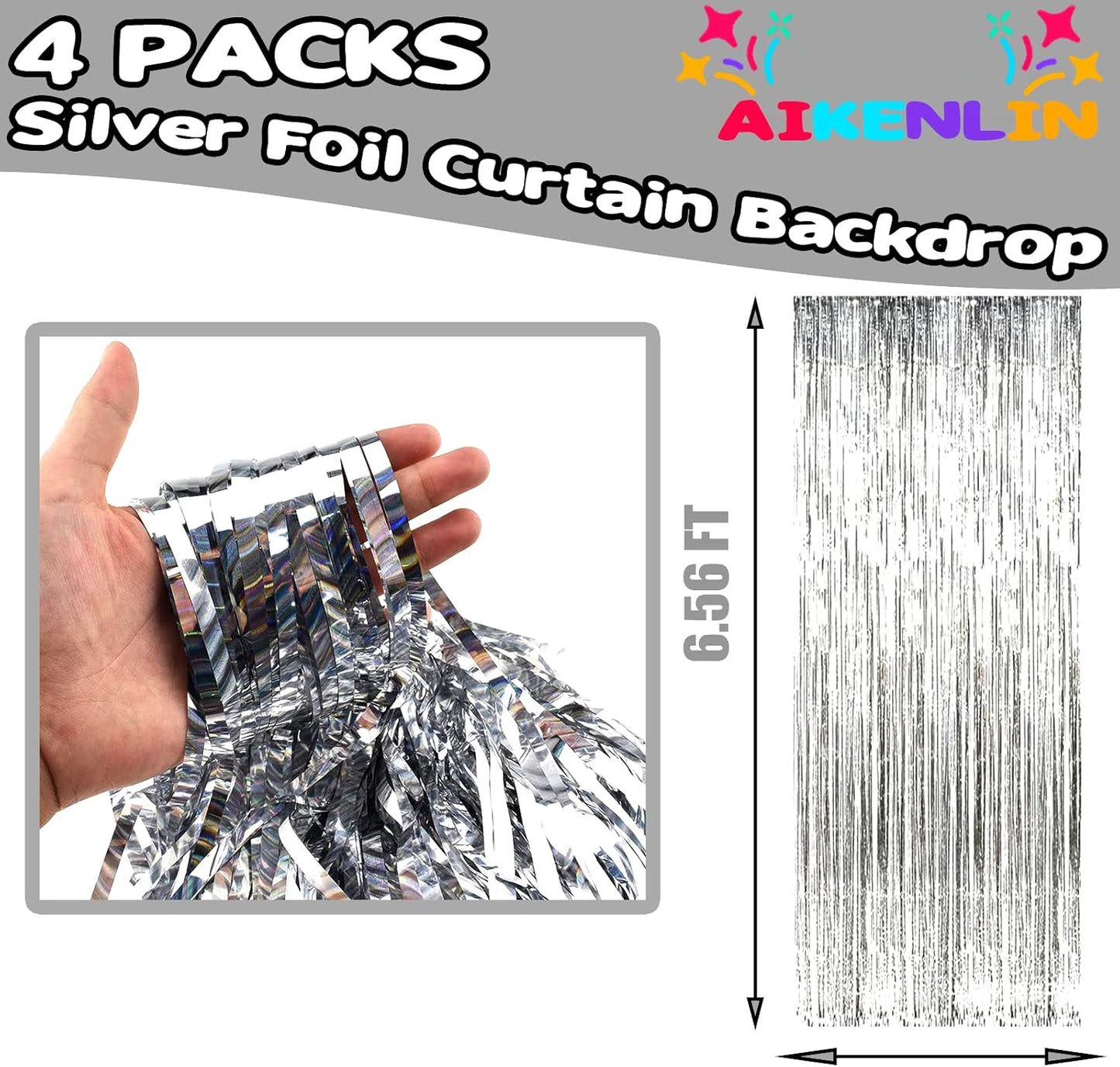 4 Pack 3.3Ft x 6.6Ft Silver Foil Fringe Curtain Backdrop, Metallic Tinsel Foil Fringe Streamers Curtains Background for Photo Booth, Birthday, Wedding, Halloween, Christmas Party Decoration