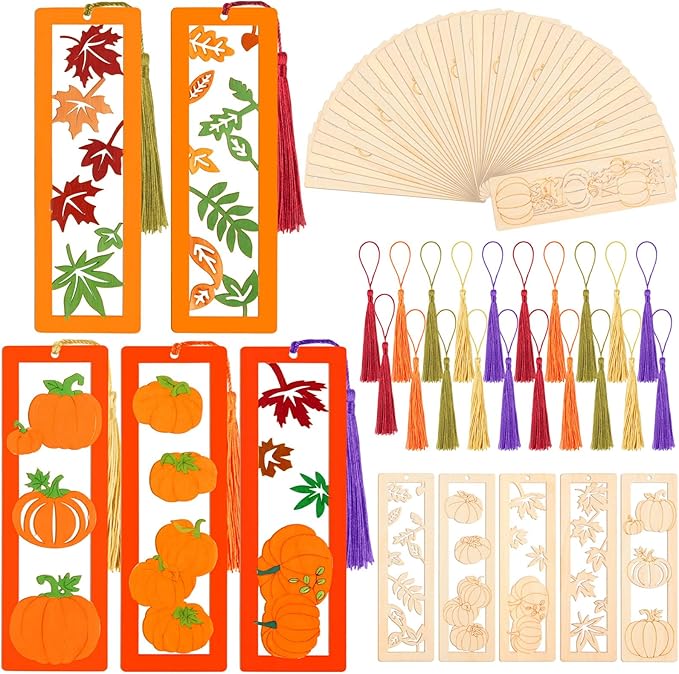 Yexiya 100 Pcs/50 Set Thanksgiving DIY Wooden Bookmarks Bulk for Book Lovers, Fall Bookmarks Decorations, Maple Leaf Pumpkin Book Markers for Women Men, Autumn Birthday Holiday Gift Art Project