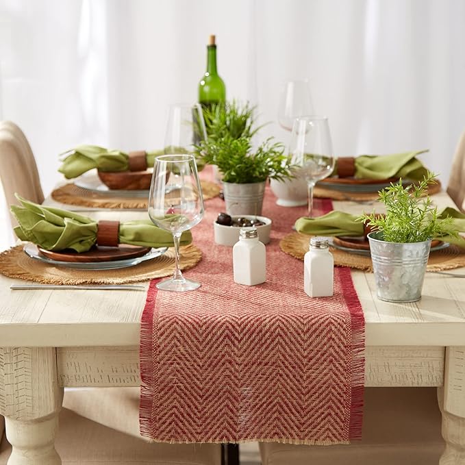DII Jute Burlap Collection Kitchen Tabletop, Table Runner, 14x72, Chevron Barn Red