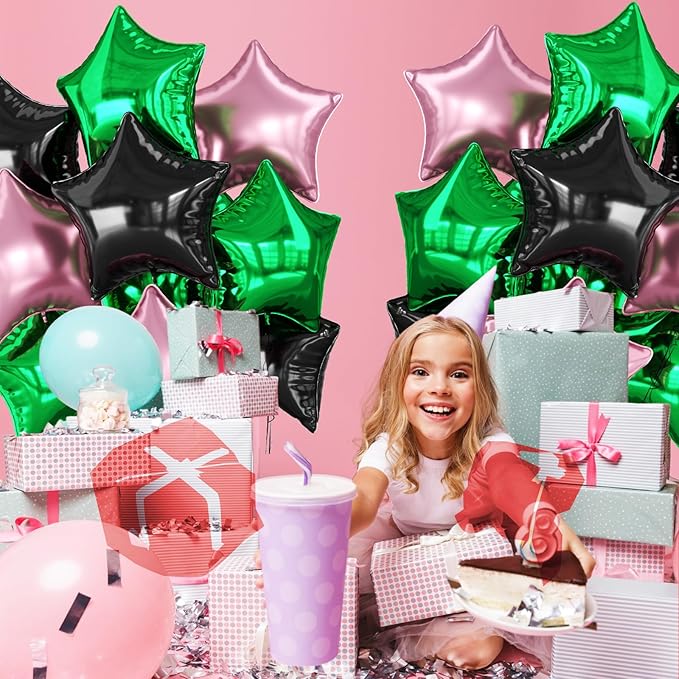 Pink Green Black Star Foil Balloon, 10PCS Halloween Foil Stars Shape Balloons, 18 Inch Large Metallic Stars Balloons Pentagram Balloon for Birthday, Princess, Baby Shower, Witch Party Decorations
