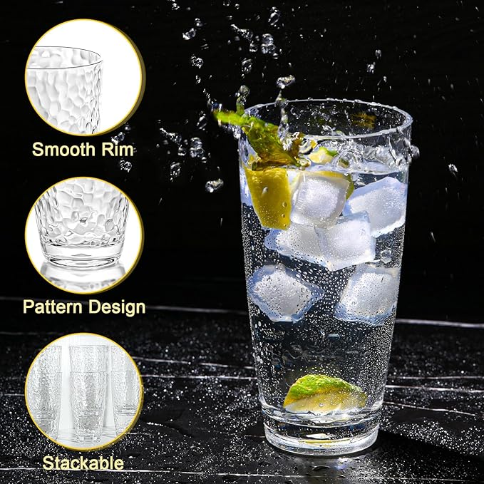 6 Pcs Plastic Drinking Tumblers of 24 oz, Acrylic Drinking Glasses with Straw&PP Brush, BPA-Free, Stackable Water Cups, Clear Cups for Juice, Wine (24 oz-6 pcs)