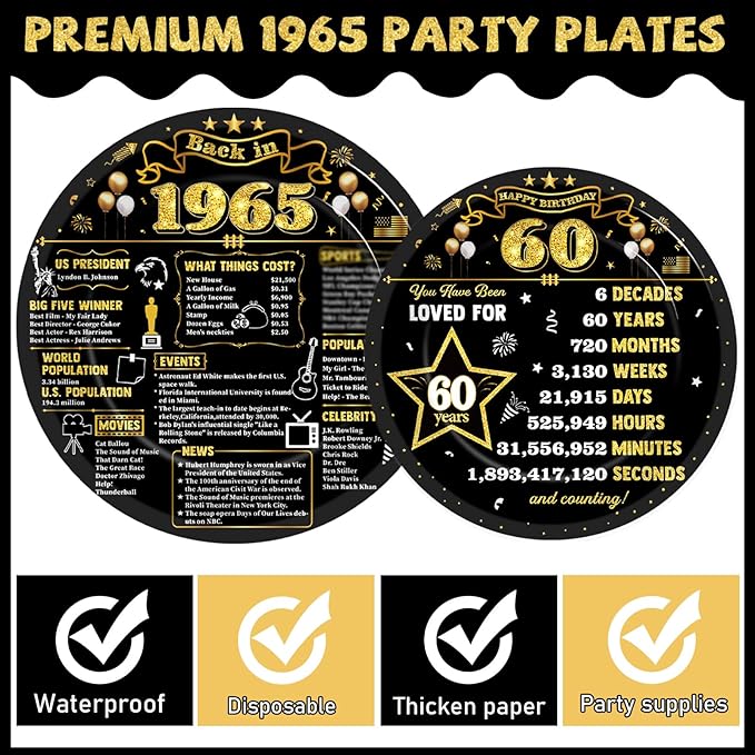 CHUNNIN 96Pcs 60th Birthday Plates and Napkins Back in 1965 Party Decorations Black Gold 60 Year Old Party Dessert Plates 1965 Tableware for 24 Guests 60th Theme Men Woman Birthday Supplies