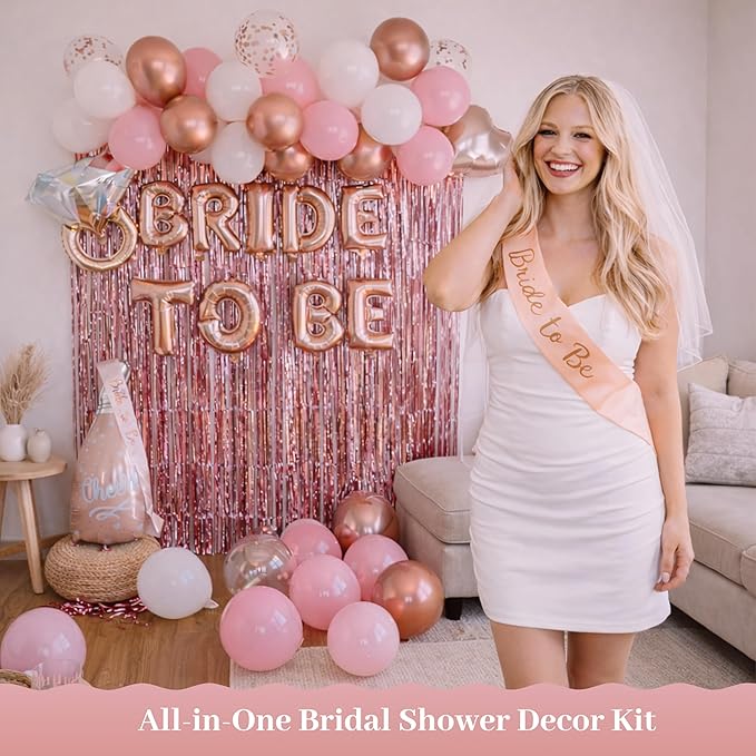 VIDAL CRAFTS Rose Gold Bridal Shower Decorations, 62-Piece Pink Bachelorette Party Decorations with Bride to Be Banner, Confetti Balloons, Bride Sash, Veil, Fringe Curtain & Photo Props