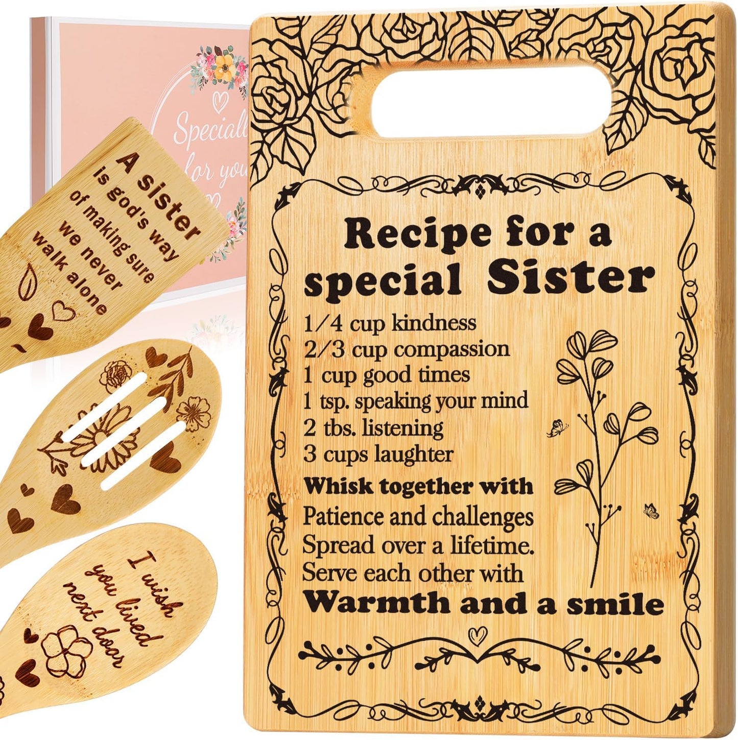 Sister Birthday Gifts Cutting Board Set, "Recipe for a Special Sister" Sister Christmas Gifts from Sister Engraved Utensil Sister Gifts for Women, Friendship Gifts for Bestie Best Friend Soul Sister