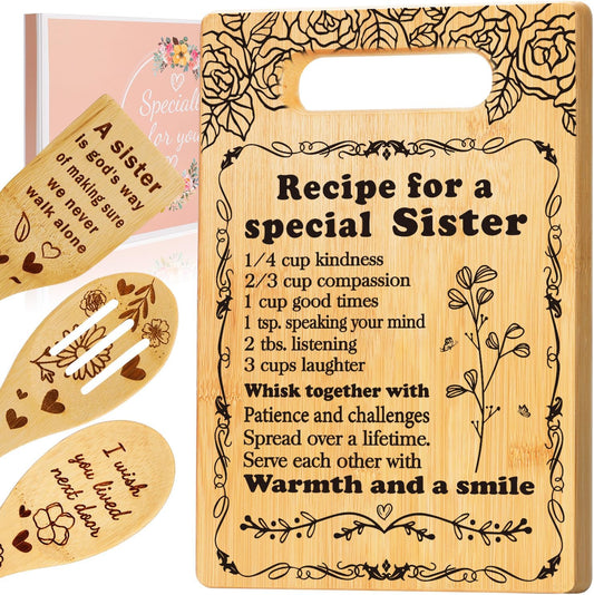 Sister Birthday Gifts Cutting Board Set, "Recipe for a Special Sister" Sister Christmas Gifts from Sister Engraved Utensil Sister Gifts for Women, Friendship Gifts for Bestie Best Friend Soul Sister