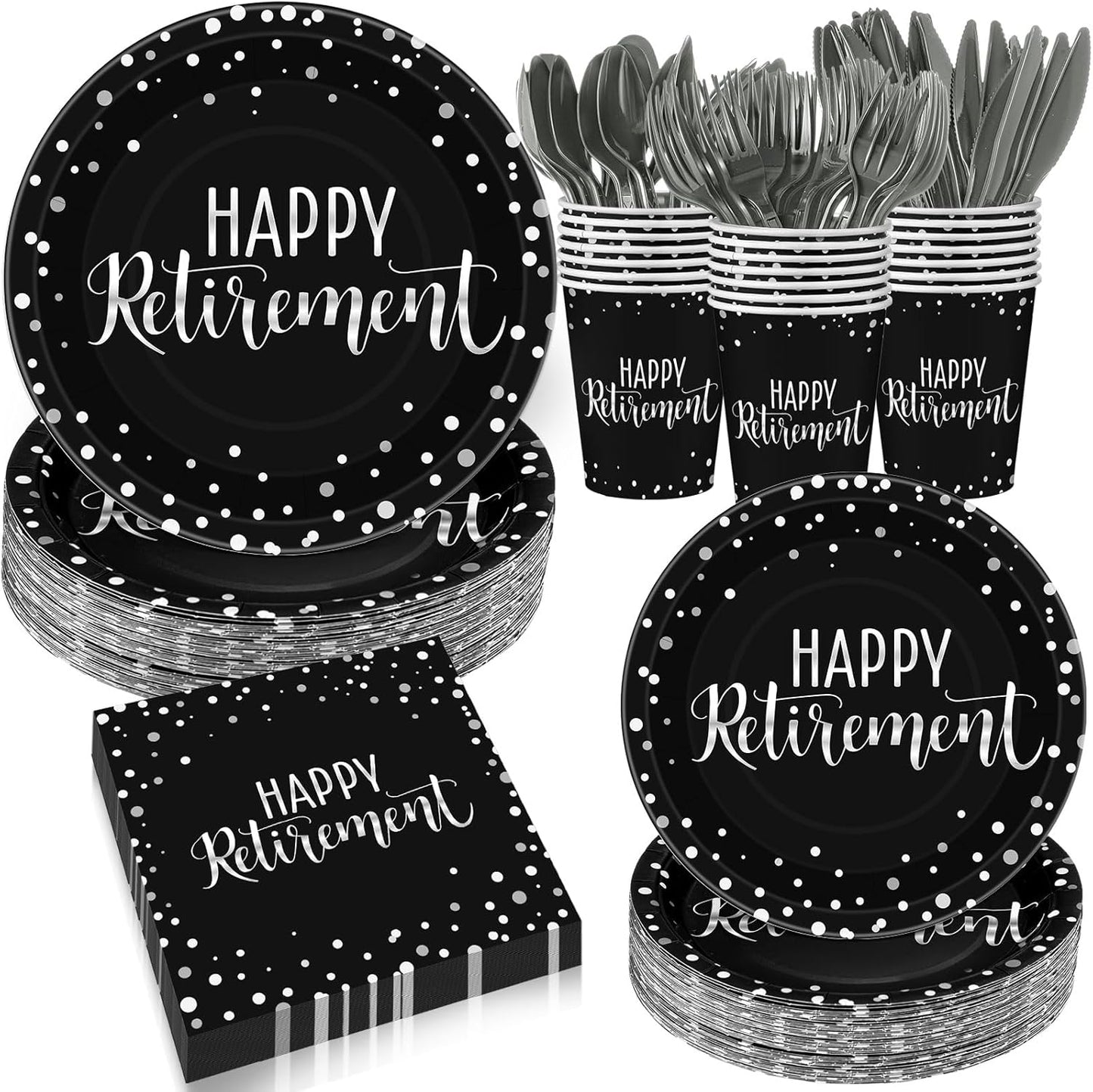 Pickmesh 192 Pcs Retirement Party Decorations Happy Retirement Paper Plates and Napkins Set with Cups and Knife Fork Spoon,Farewell Party Disposable Tableware for 24 Guest Women Men(Black Silver)