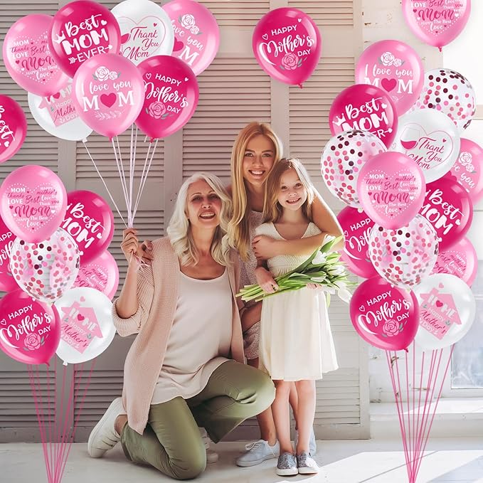 50 Pcs 12inch Happy Mother's Day Balloons Party Decorations Supplies, I Love You Best Mom Ever Thanks Giving Party Latex Balloons for Mother's Day Party Mother Birthday Party Favors