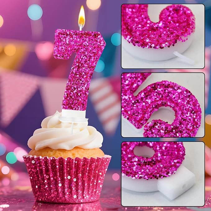 Zailo Birthday Number Candles, Glitter Number Candle Cake Decorations with Sequins, Cupcake Decorations for Girls, Women, Party Anniversary Celebrations (Number 7, Bright red)