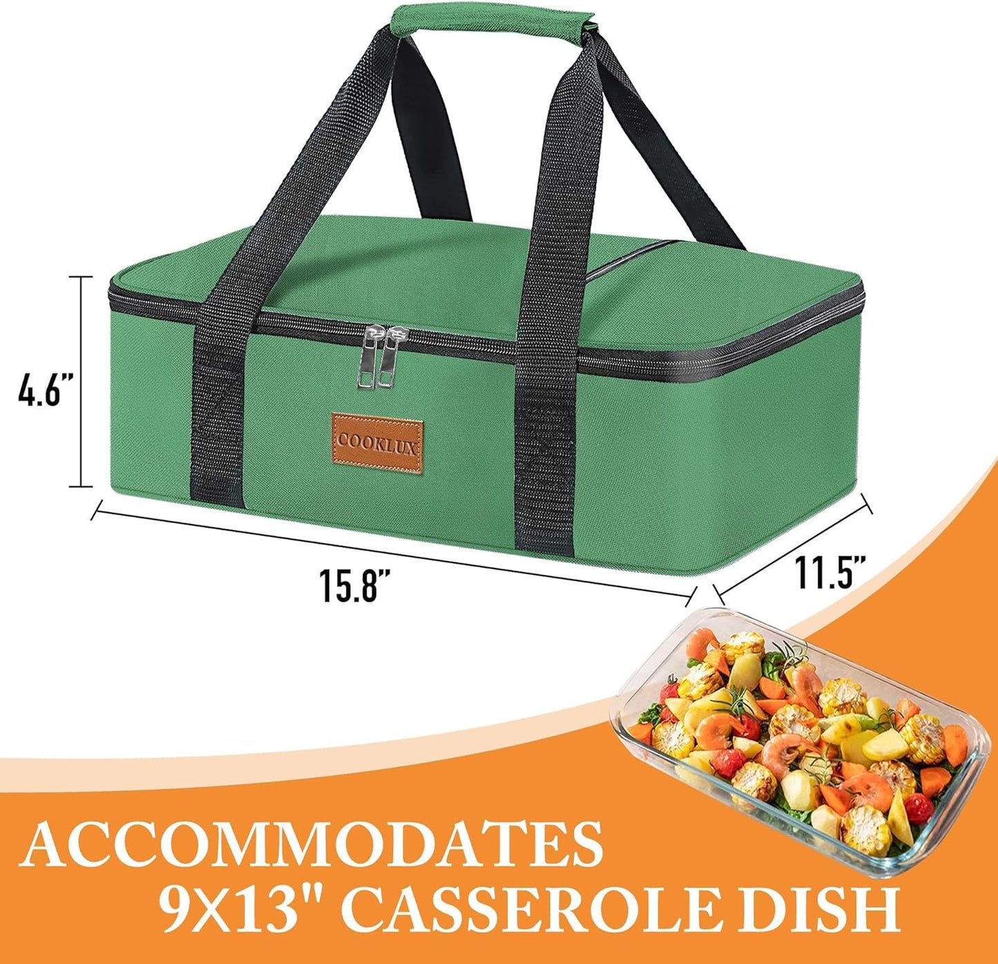 Insulated Casserole Carrier - Insulated Thermal Carry Bag for Hot or Cold Food, 9"X13" Casserole/Baking Dish Carrier for Travel/Party, Durable Nylon, Green, Single Layer with Zip Pockets