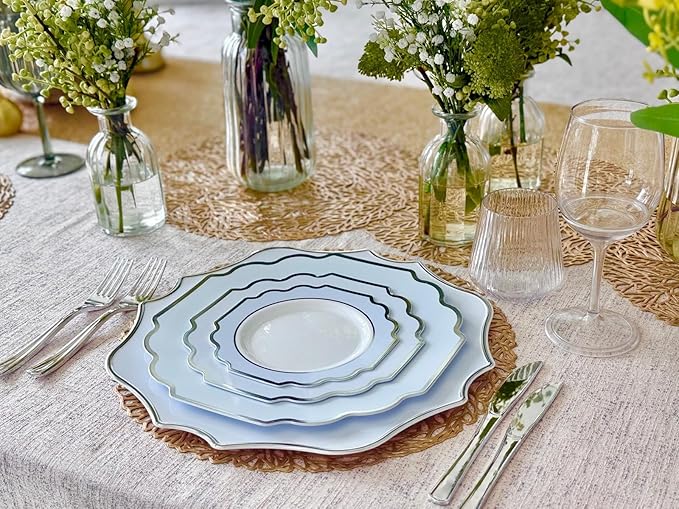 " OCCASIONS " 10 Pieces 13.25'' Scalloped Disposable/Reusable Plastic Charger Plates for Wedding, (Scalloped Imperial Blue & Silver)