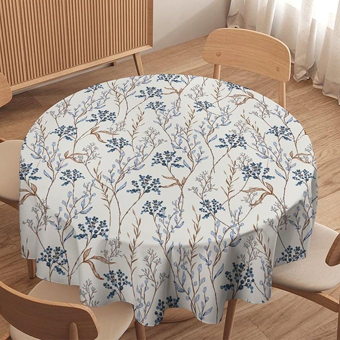 Abstract Geometry Leaf Tablecloth, Thanksgiving Autumn Harvest Fall Watercolor Blue Yellow Leaves Table Cover for Party Picnic Dinner Decor 50x50 Inch Round