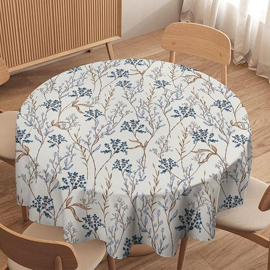 Abstract Geometry Leaf Tablecloth, Thanksgiving Autumn Harvest Fall Watercolor Blue Yellow Leaves Table Cover for Party Picnic Dinner Decor 50x50 Inch Round