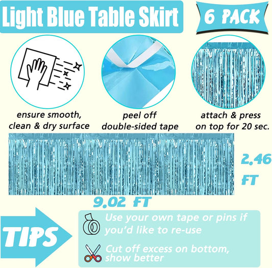 6 Pack 29x108 Inch Light Blue Metallic Foil Fringe Table Skirts Banner for Tinsel Streamer Garland Curtains Backdrop for Parade Floats Wedding Baby Shower Birthday Christmas Halloween Party Decoration