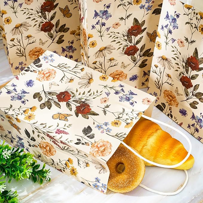 48Pcs Vintage Wild Floral Paper Gift Bags With Handles - Wildflower Print Treat Bags for Grocery Shopping, Candy, Baby Shower, Wedding Party Supplies
