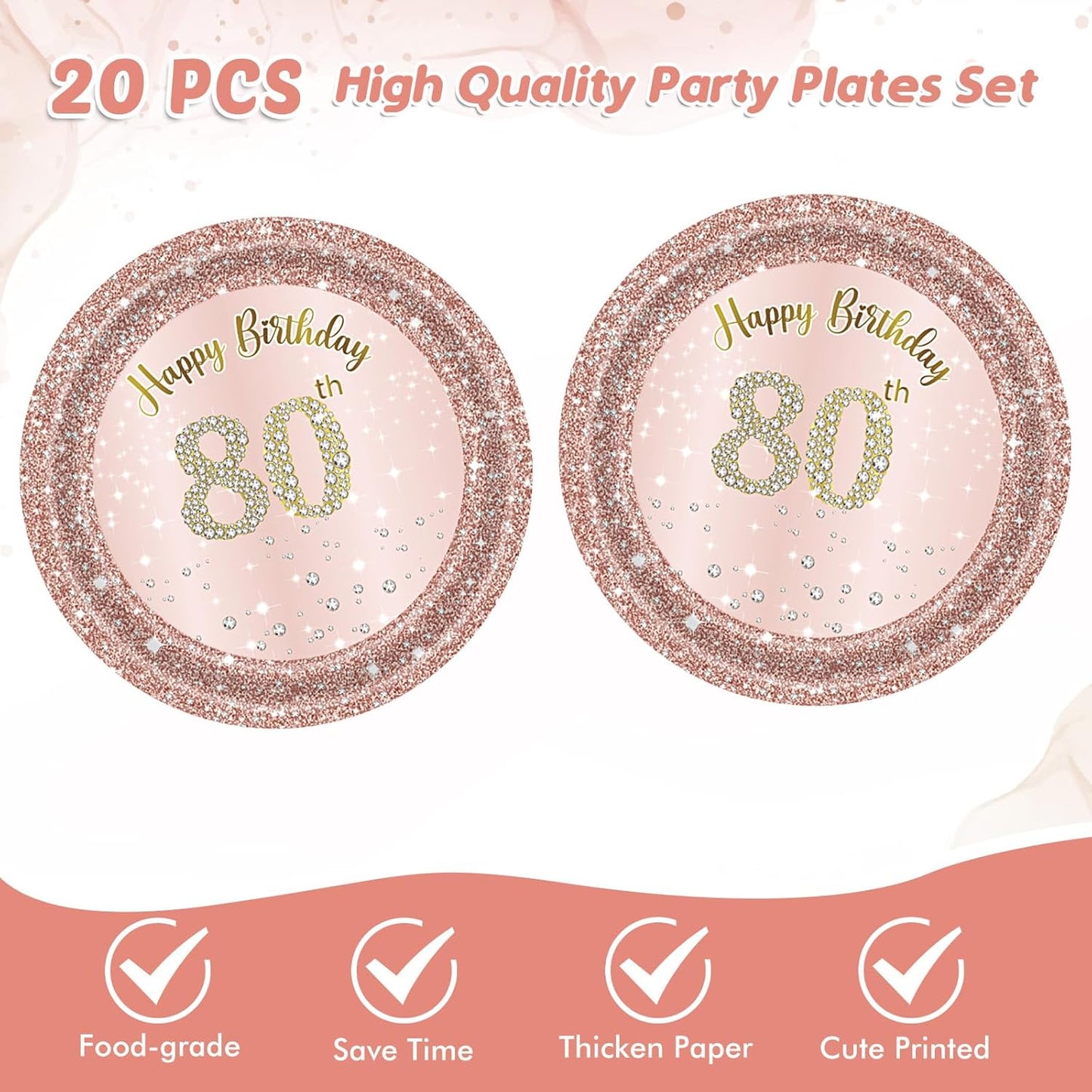 80th Birthday Decorations, Rose Gold Birthday Party Supplies Include 20Pcs Plates 20Pcs Napkins Sweet Eighty Year Old Party Tableware for Girl Ladies Women