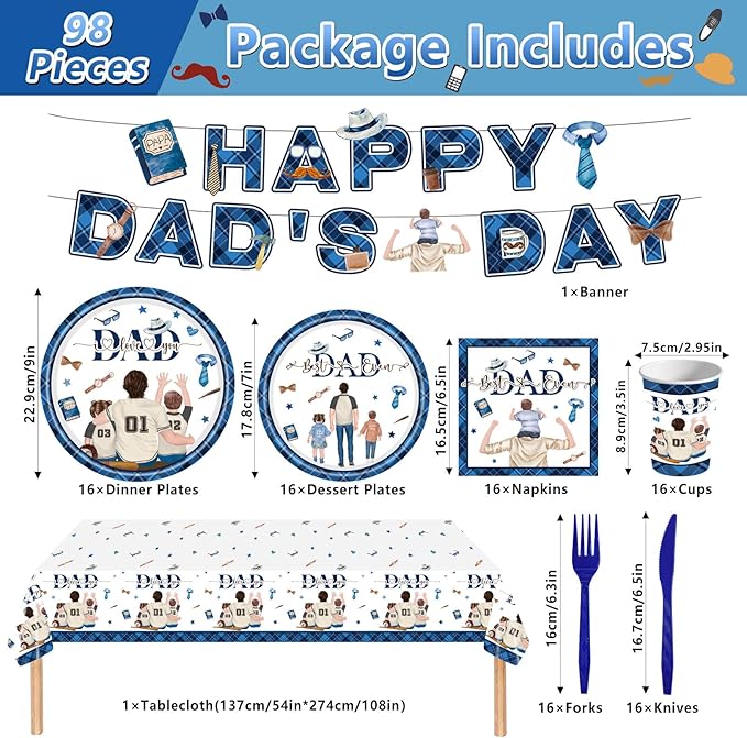 98PCS Happy Father's Day Party Supplies Fathers Day Tableware Set Best Dad Paper Plates Napkins Forks Knives Tablecloth Banner Fathers Day Party Decorations Disposable Dinnerware for 16 Guests