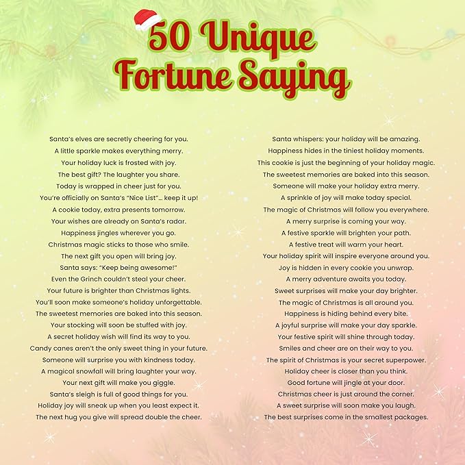 4E's Novelty Christmas Fortune Cookies Bulk, 50 Individually Wrapped Funny Fortune Cookies with Holiday Sayings for Kids & Adults, Perfect Christmas Candy Snacks, Party Favors & Treats