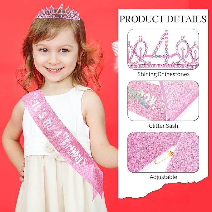 4th Birthday Decorations for Girls - Pink Birthday Crown, Glitter Sash, Number 4 Candles and Cake Toppers for Girls 4 Year Old Party Supplies Outfit Gift