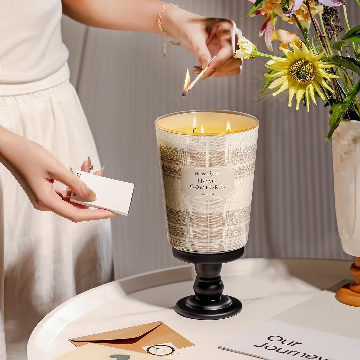 HomeLights Home Comforts Scented Candles | 34oz Soy Candles Rustic Modern 3-Wick Large Candle Jars | Ideal Candle Gifts for Events, Home Decor Stress, Relief & Relaxation